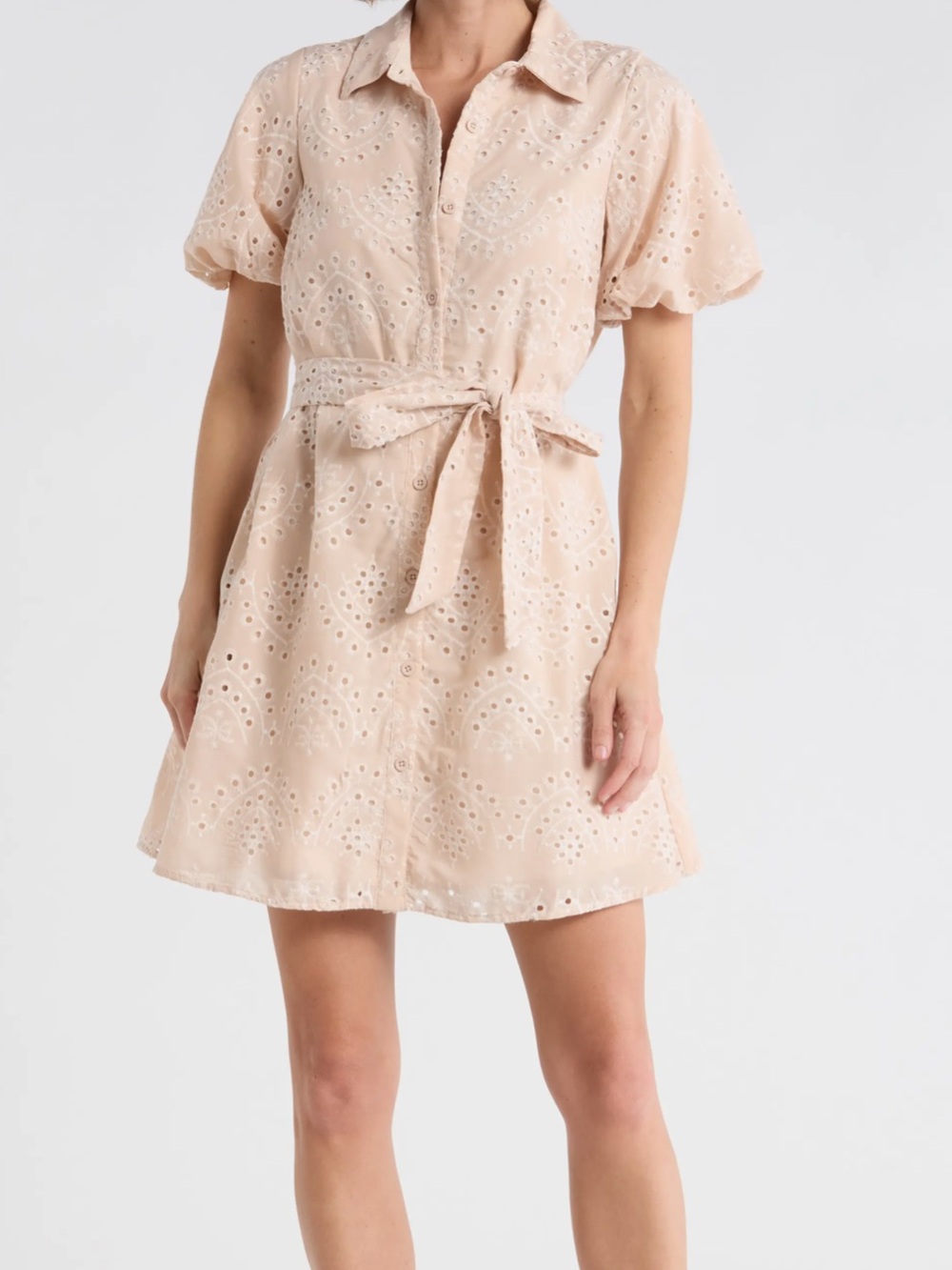 NWT Sam Edelman Tan and Cream  Eyelet Shirt Dress with Tie Waist Size 12